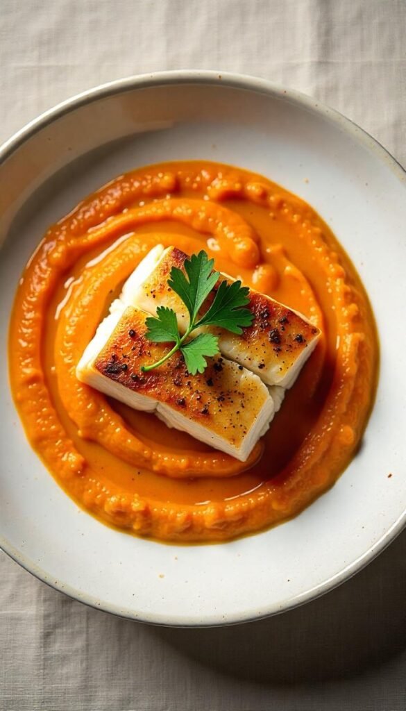 Pan-Seared Sea Bass with Carrot Ginger Puree