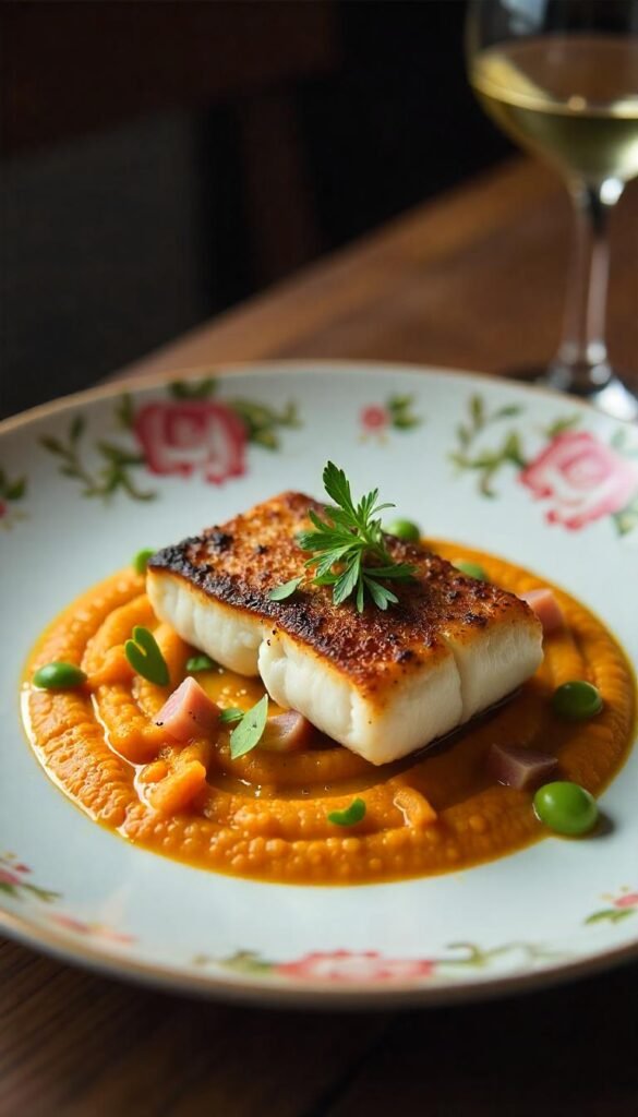 Pan-Seared Sea Bass with Carrot Ginger Puree