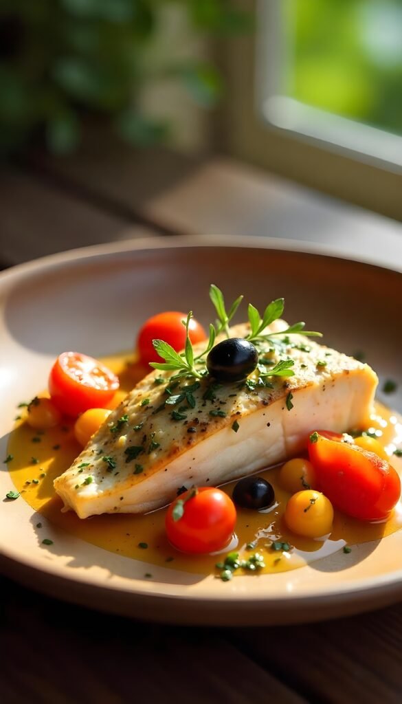 Herb-Infused Baked Sea Bass with Cherry Tomatoes and Olives