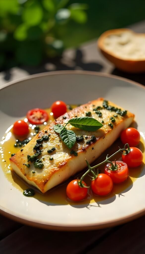 Pan-Seared Sea Bass with Pesto and Cherry Tomatoes