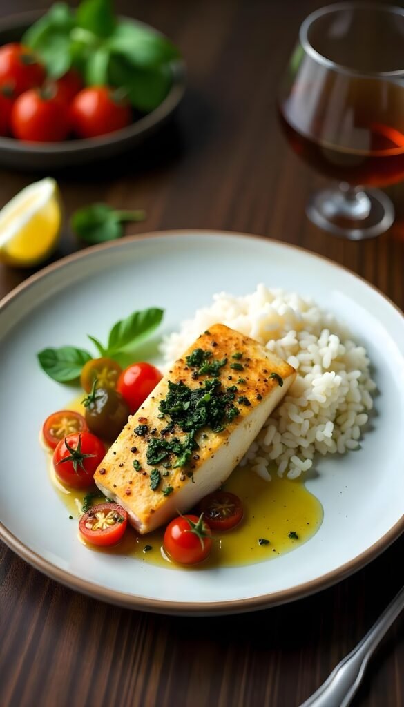 Pan-Seared Sea Bass with Pesto and Cherry Tomatoes