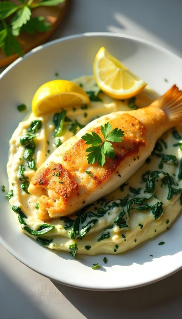 Branzino with Creamy Spinach and Artichoke Dip