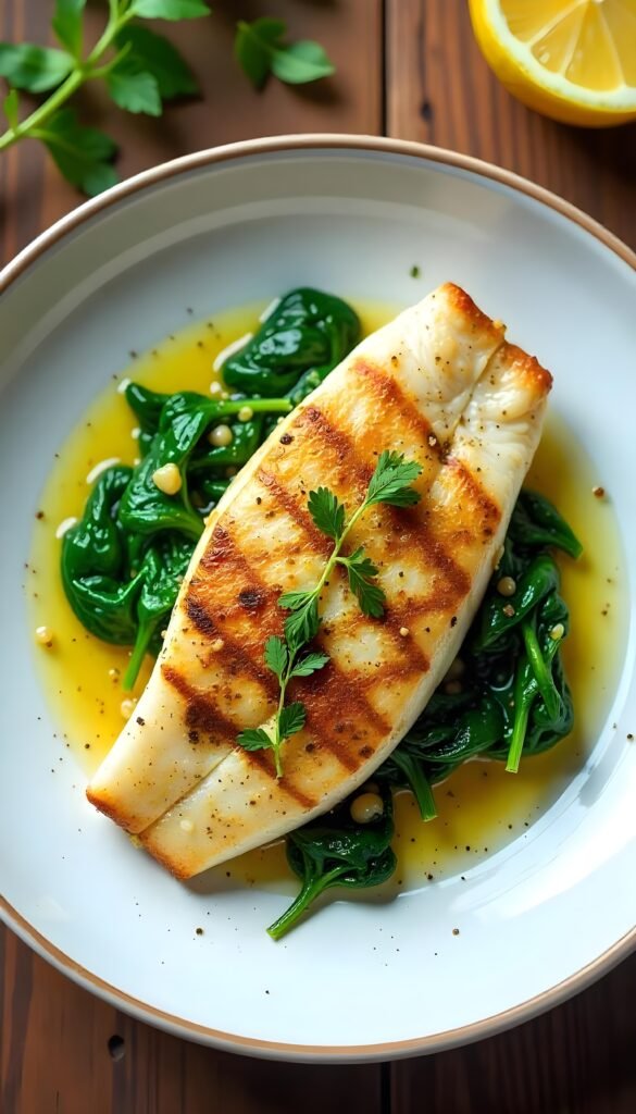 Grilled Branzino with Garlic Sautéed Spinach