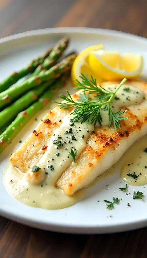 Pan-Seared Branzino Fillet with Creamy Dill Sauce