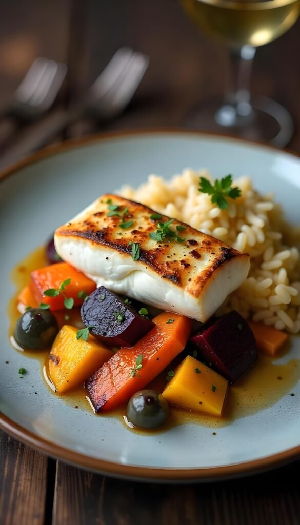 Pan-Seared Sea Bass with Grilled Vegetables