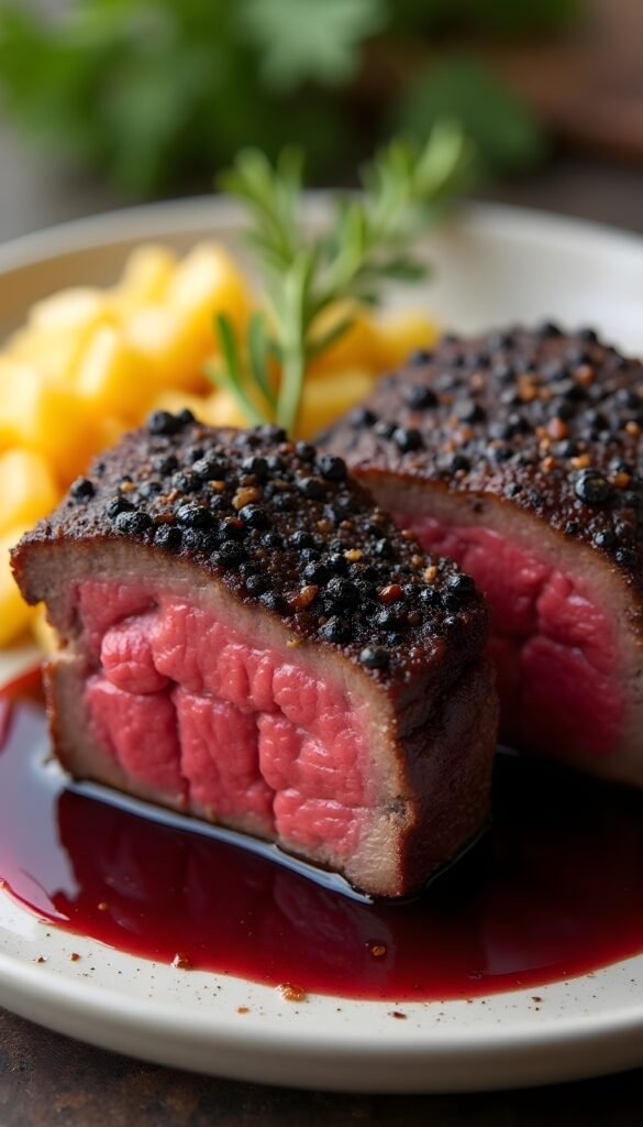 Peppercorn-Crusted Filet Mignon with Red Wine Reduction