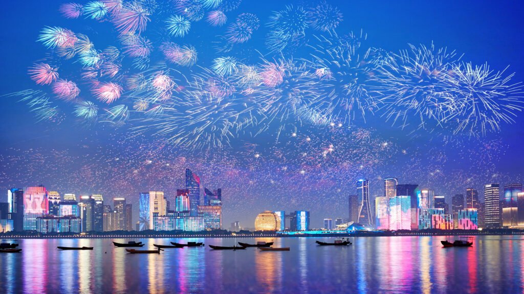 hangzhou  skyline fireworks zhejiang china