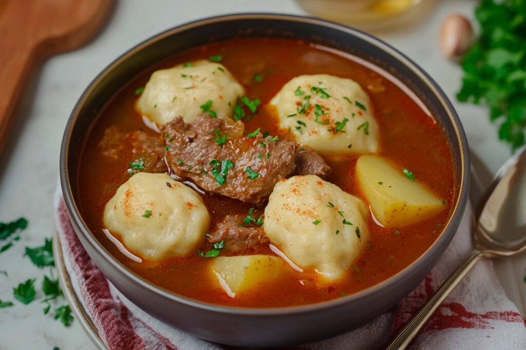 Hearty stew with tender meat, dumplings, and potatoes garnished with fresh herbs