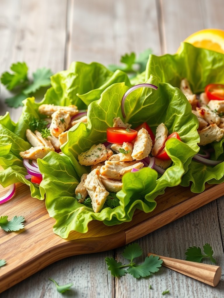 Herbed chicken lettuce wraps with colorful toppings on a wooden platter