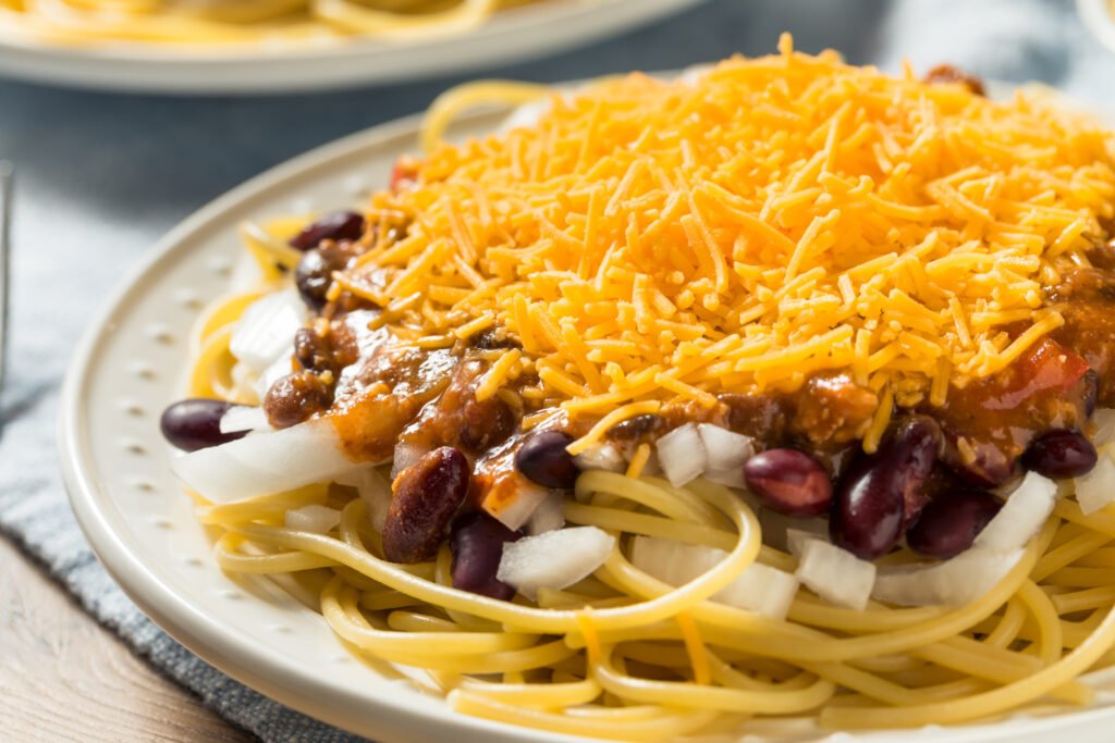 Homemade Cincinnati Chili Spaghetti With Cheese And Onion