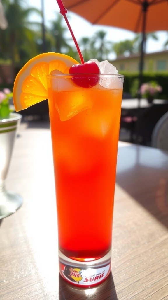 Refreshing Vodka Sunrise Cocktail Recipe A refreshing Vodka Sunrise cocktail with a gradient of orange and red, garnished with an orange slice and cherry.