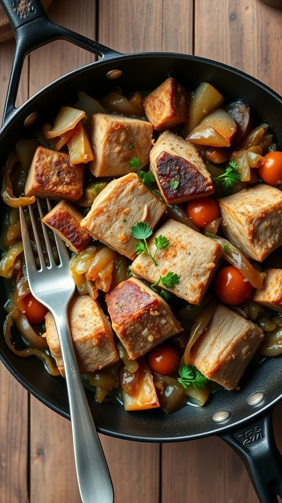 A skillet with pork and sauerkraut, garnished with parsley, on a wooden table.
