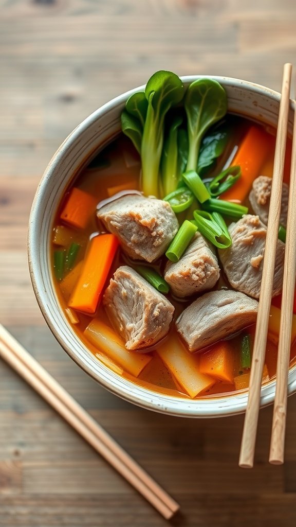 A cozy bowl of pork noodle soup with pork slices, carrots, bok choy, and green onions on a rustic table.