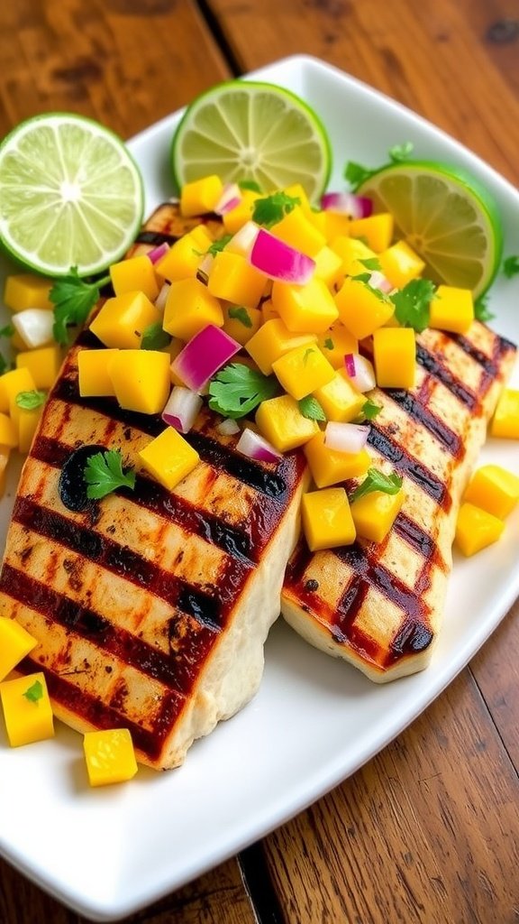 Grilled Mahi Mahi with Fresh Mango Salsa Grilled Mahi Mahi fillets with mango salsa on a rustic table, garnished with lime wedges.