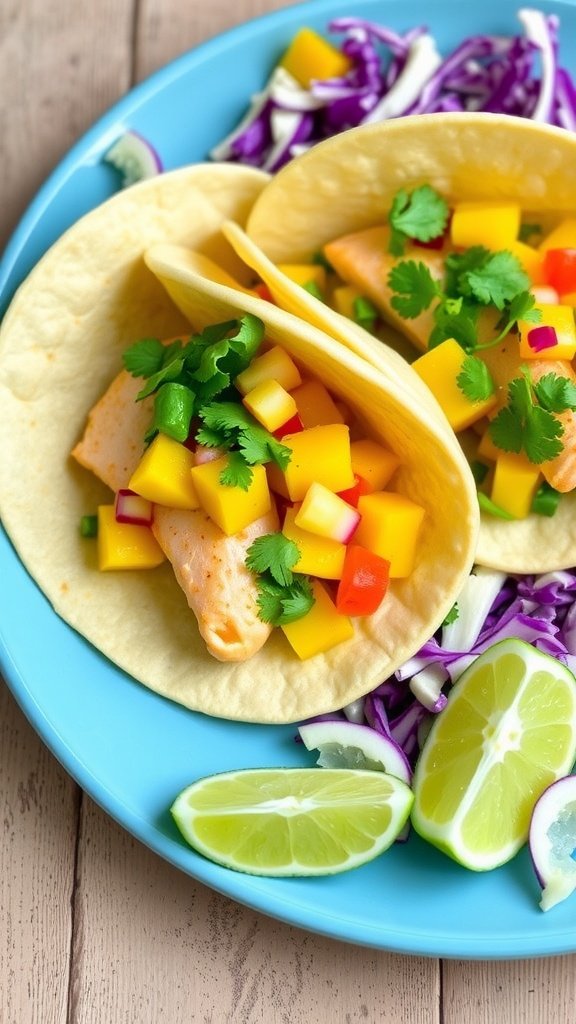 Cilantro Lime Mahi Mahi Tacos with mango salsa on a plate with lime and cabbage.