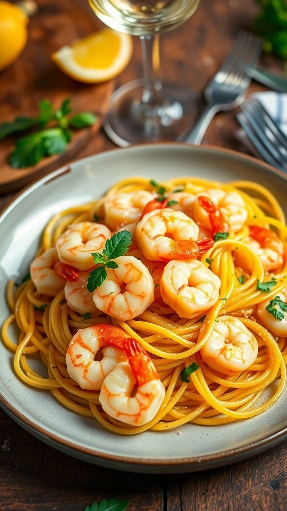 Garlic Butter Shrimp Linguine A delicious serving of garlic butter shrimp linguine with shrimp and parsley on a rustic table.