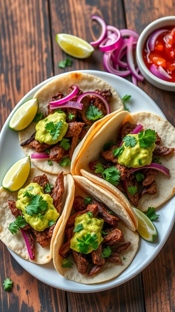 Savory Steak Tacos with Creamy Avocado Salsa Savory steak tacos topped with avocado salsa on a rustic wooden table, with lime wedges and pickled onions.