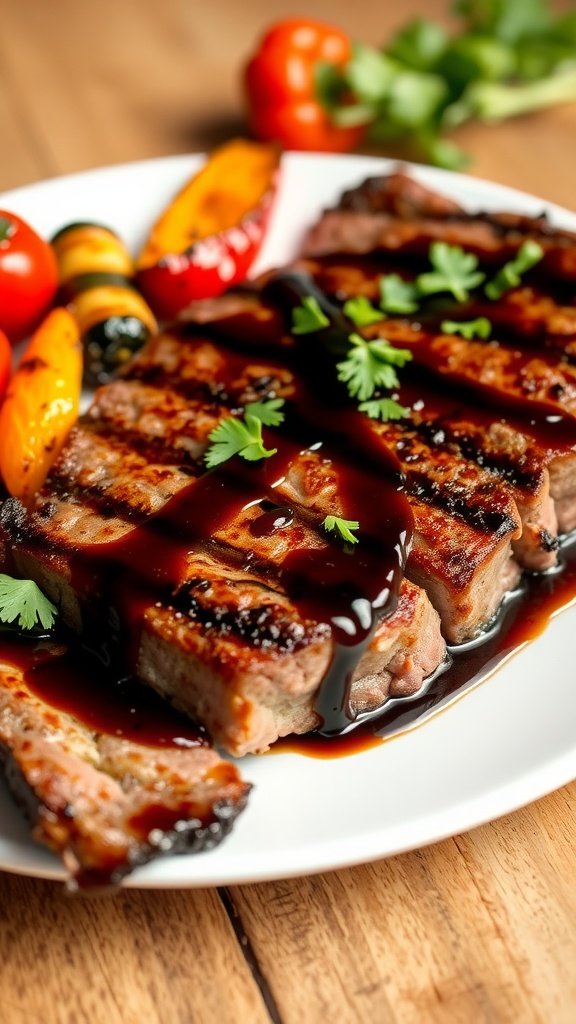Savory Balsamic Glazed Flank Steak Recipe Grilled balsamic glazed flank steak with vegetables on a rustic table.