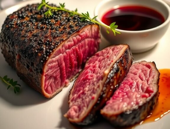 Peppercorn-Crusted Filet Mignon with Red Wine Reduction