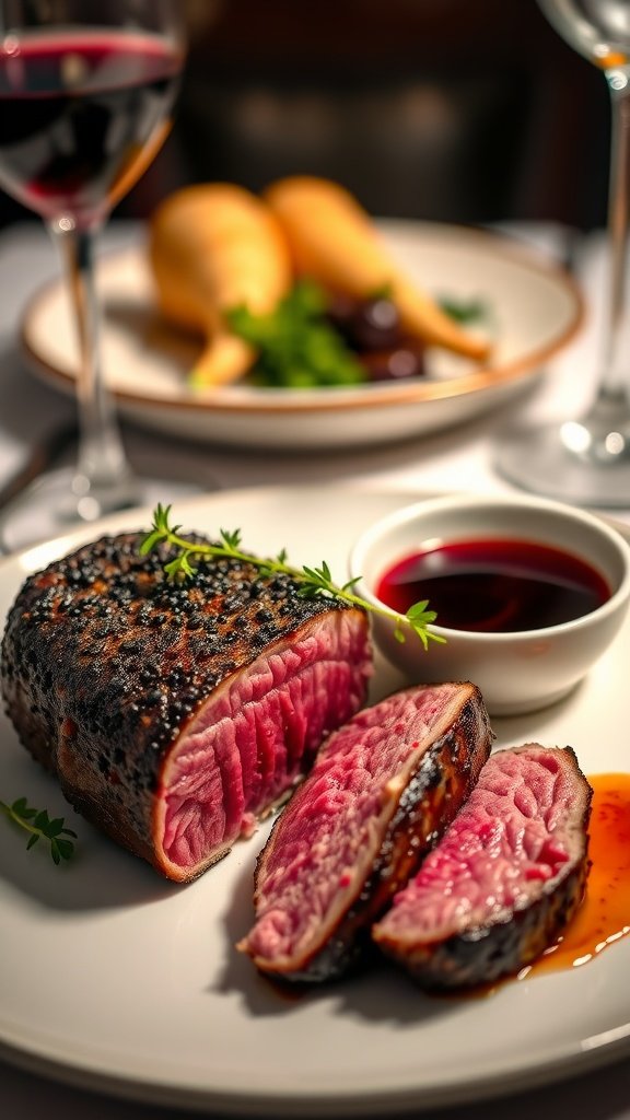 Peppercorn-Crusted Filet Mignon with Red Wine Reduction