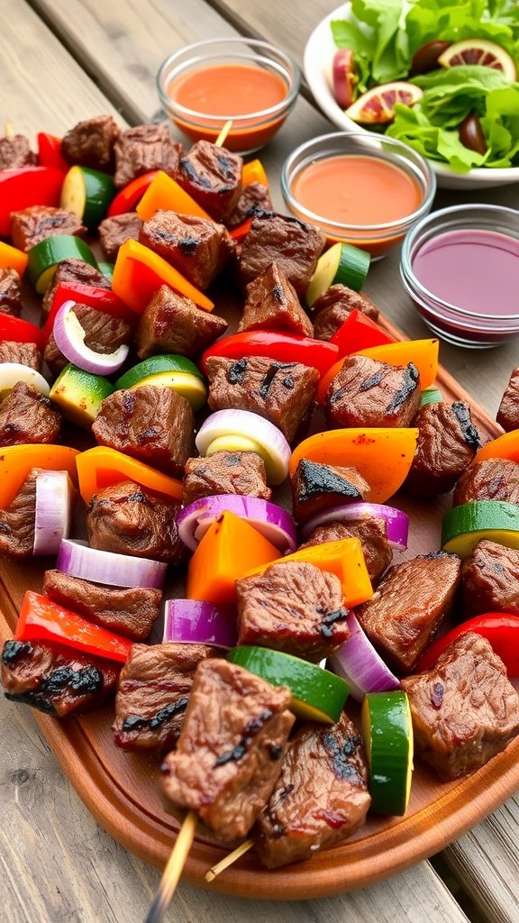 Grilled Teriyaki Steak Skewers Recipe Grilled teriyaki steak skewers with colorful vegetables on a platter, ideal for outdoor dining.