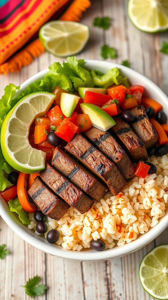 Savory Steak Burrito Bowl Recipe A savory steak burrito bowl with grilled steak, cilantro-lime rice, black beans, fresh salsa, lettuce, and avocado, served on a rustic wooden table.