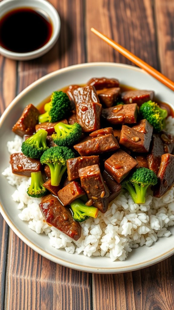 Savory Steak and Broccoli Stir-Fry Recipe A delicious steak and broccoli stir-fry with beef, broccoli, and rice on a wooden table with chopsticks.