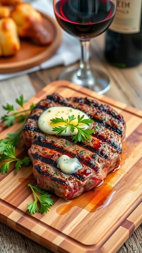 Classic Grilled Ribeye Steak with Garlic Herb Butter Grilled ribeye steak topped with garlic herb butter on a wooden board, garnished with parsley.