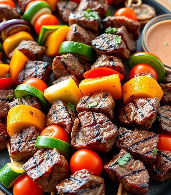 Grilled steak and vegetable skewers