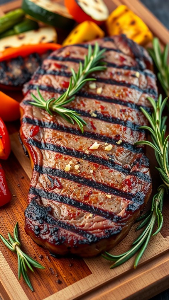 Herb-Infused Garlic and Rosemary Grilled Sirloin Grilled sirloin steak with garlic and rosemary garnishes on a wooden board, served with colorful grilled vegetables.