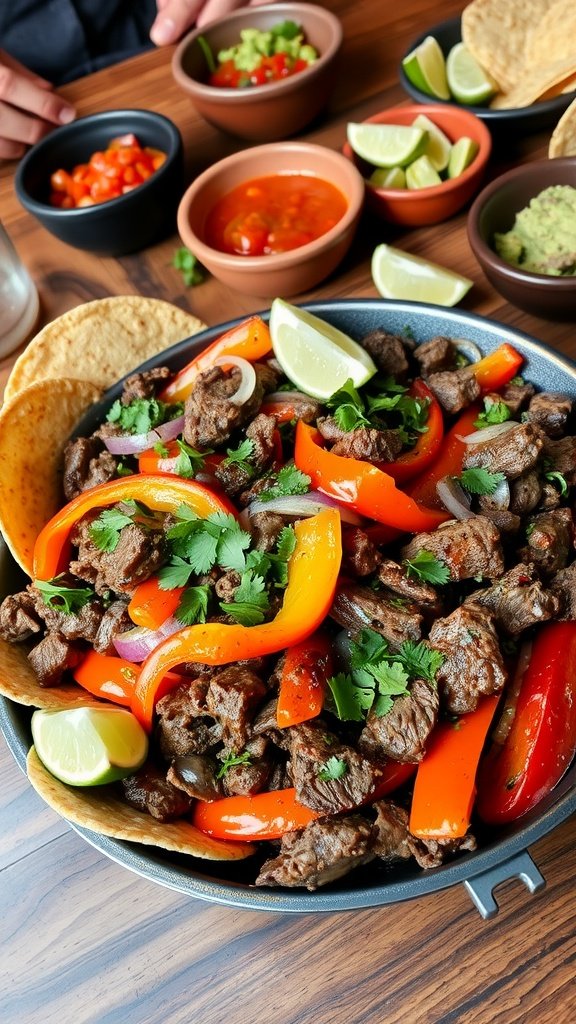Zesty Sizzling Beef Fajitas Recipe Sizzling beef fajitas with bell peppers and onions on a hot skillet, garnished with cilantro and lime, served with tortillas.