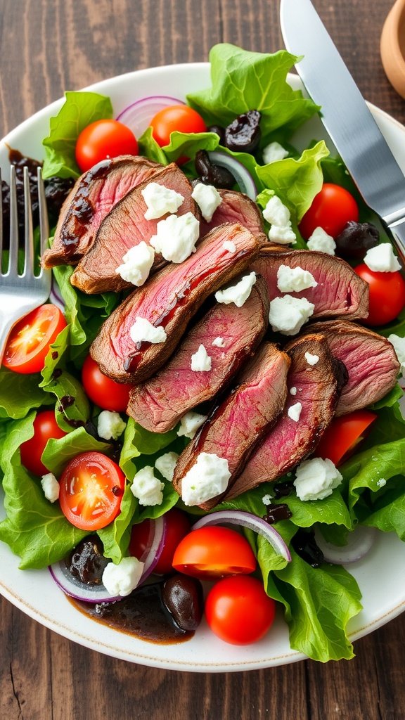 Grilled Steak and Blue Cheese Salad Grilled steak salad with blue cheese, cherry tomatoes, and mixed greens on a rustic table.