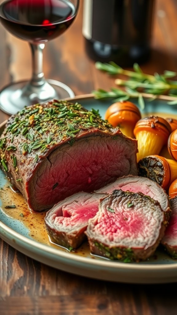 Savory Herb-Crusted Sirloin Steaks Recipe Herb-crusted sirloin steak, sliced, garnished with herbs, alongside roasted vegetables on a rustic table.