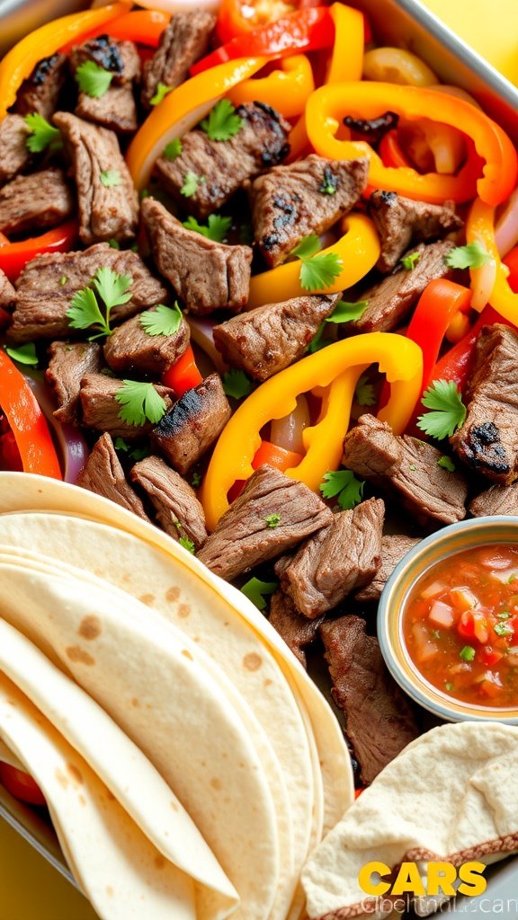 Savory Oven-Baked Steak Fajitas A colorful display of baked steak fajitas with peppers and onions, served with tortillas and garnished with guacamole and salsa.