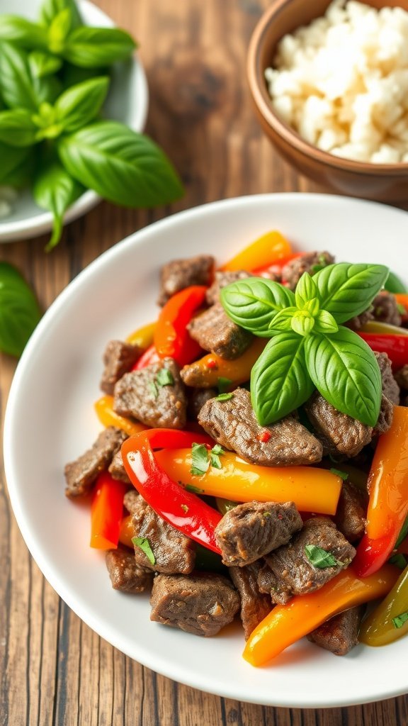 Flavorful Thai Basil Beef Stir-Fry Recipe Thai Basil Beef Stir-Fry with beef, bell peppers, and basil served with jasmine rice on a rustic table.