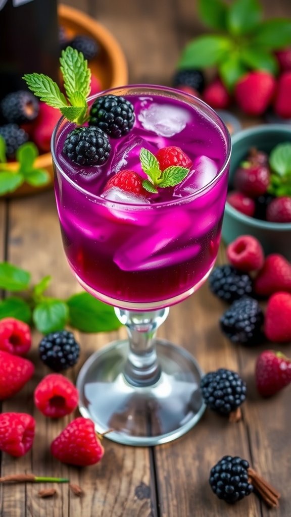 Berry Infused Bramble Cocktail Recipe A refreshing Bramble Cocktail with berries served in a glass with crushed ice, garnished with fresh blackberries and raspberries.