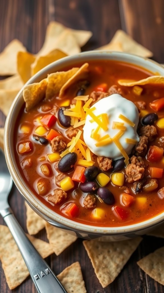 A bowl of ground beef taco soup with beans and corn, garnished with cheese and sour cream, on a wooden table.