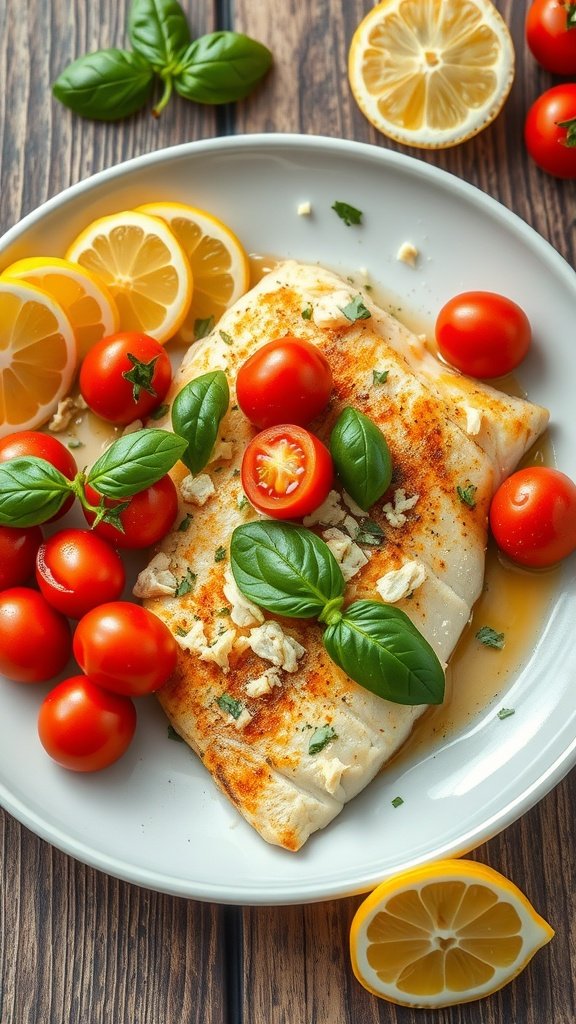 Savory Italian Baked Tilapia with Tomatoes Recipe Baked tilapia with tomatoes and basil on a rustic table with lemon wedges.
