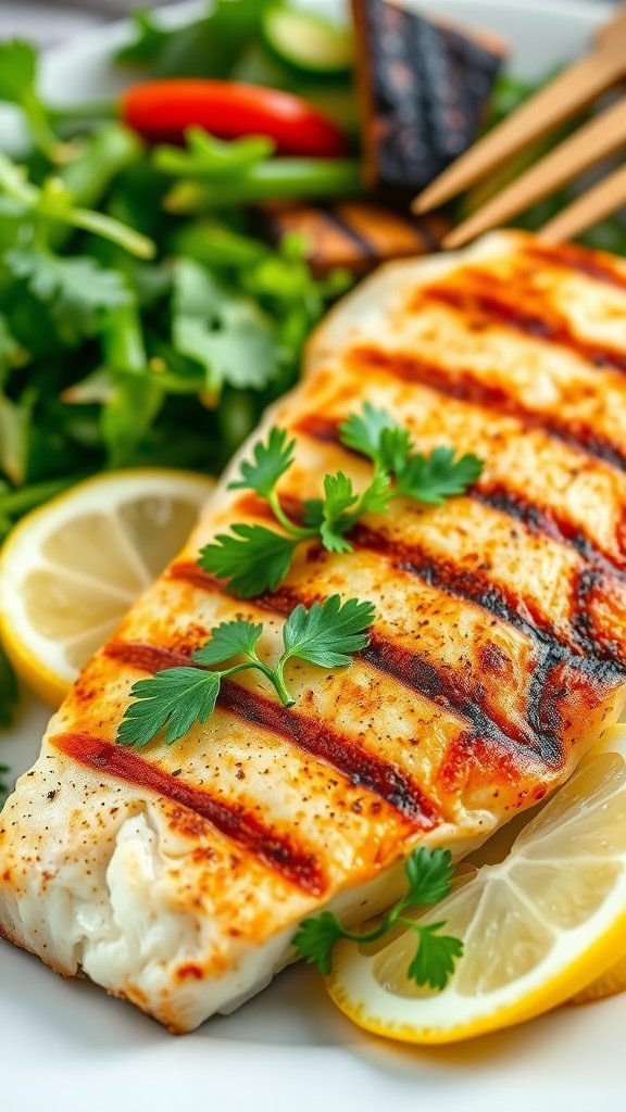 Grilled tilapia fillet garnished with parsley and lemon, served with a side of salad and grilled vegetables.