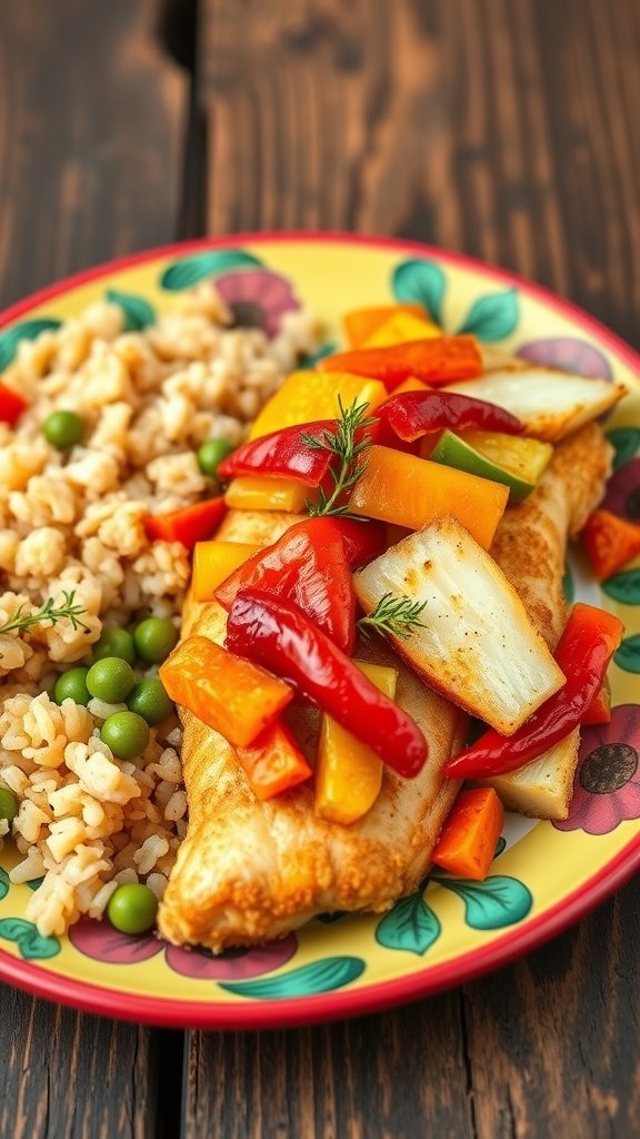 Spicy Jamaican Escovitch Tilapia Crispy Escovitch Tilapia topped with colorful pickled vegetables, garnished with thyme on a rustic plate.