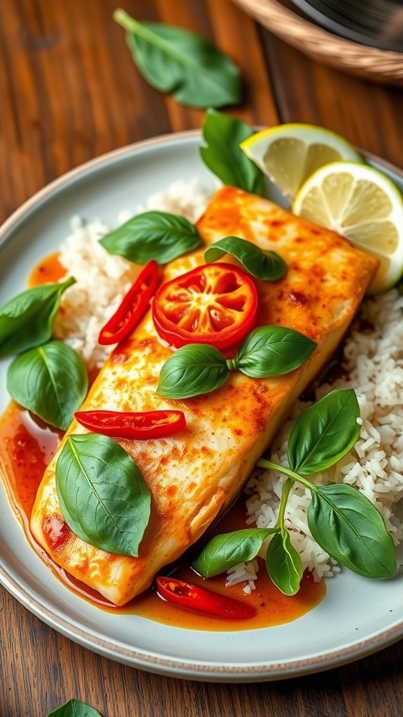 Spicy Thai Basil Tilapia Recipe Spicy Thai Basil Tilapia with basil and chili garnishes, served with lime wedges on a rustic wooden table.