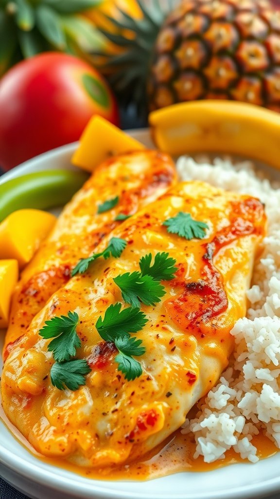 Spicy Caribbean Coconut Tilapia Recipe Spicy Caribbean coconut tilapia served with rice and plantains, garnished with cilantro on a colorful plate.