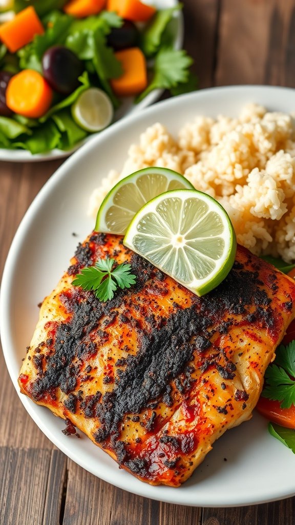 Spicy Cajun Blackened Tilapia Recipe Cajun blackened tilapia served with lime and parsley on a plate with rice and salad.