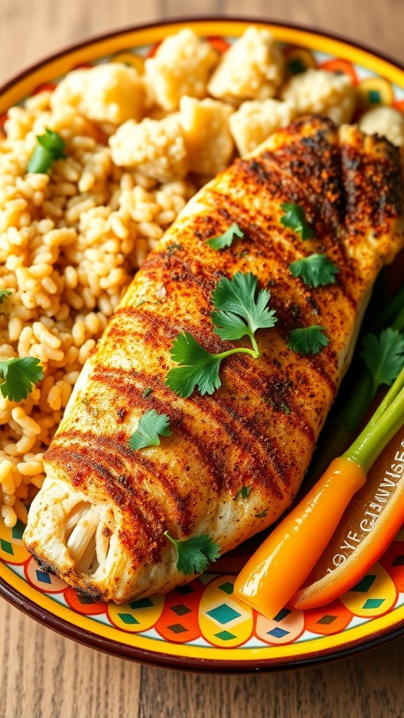 Moroccan Spiced Tilapia Recipe Moroccan spiced tilapia served with couscous and vegetables, garnished with cilantro.
