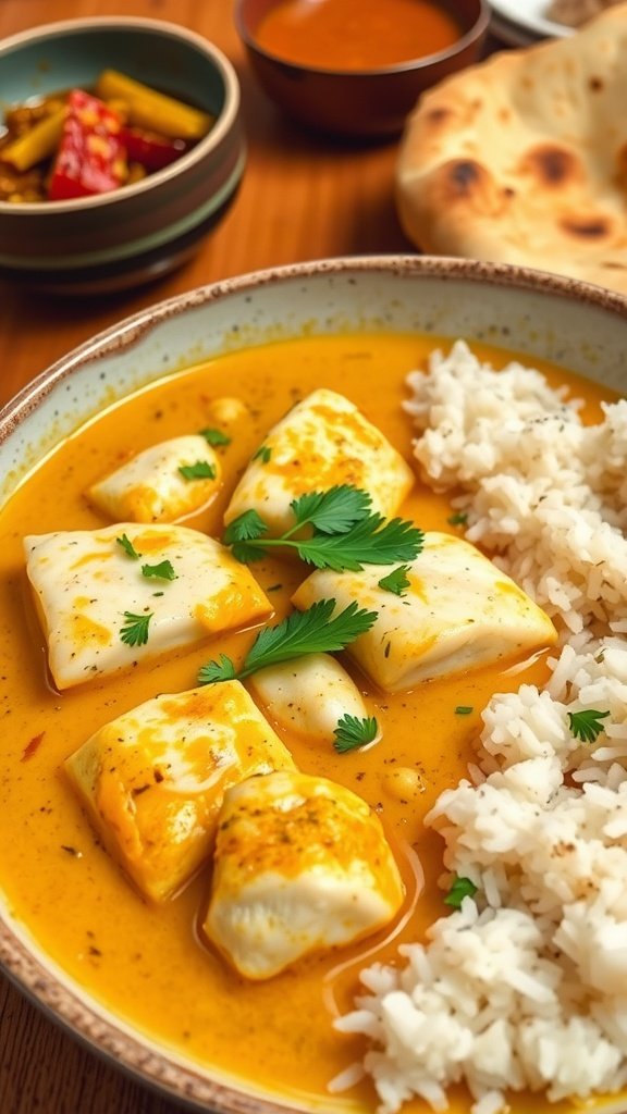 Creamy tilapia fish korma with coriander garnish, served with basmati rice and naan.