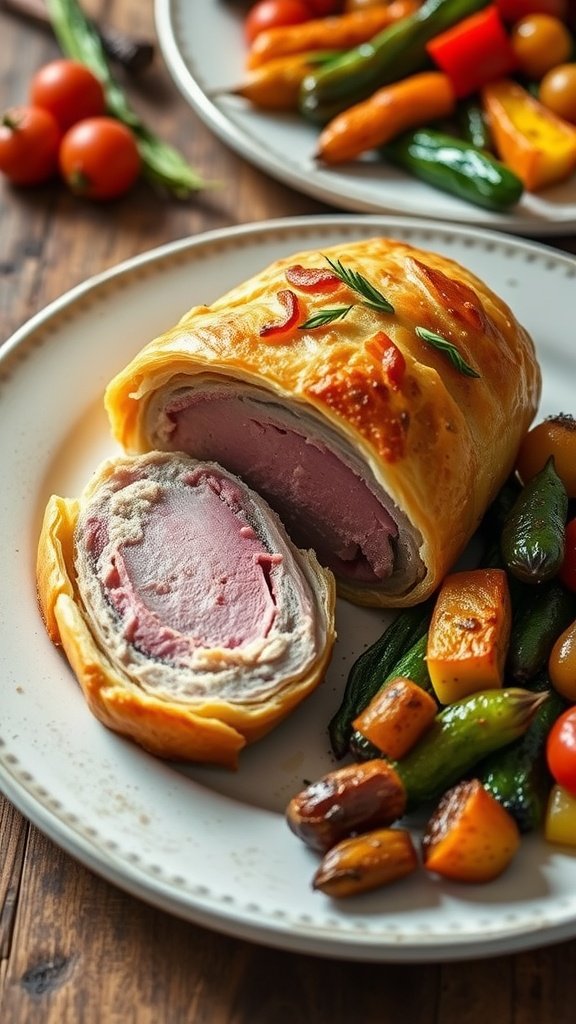 Sliced Pork Wellington with flaky pastry and juicy pork, garnished with herbs, on a rustic table.