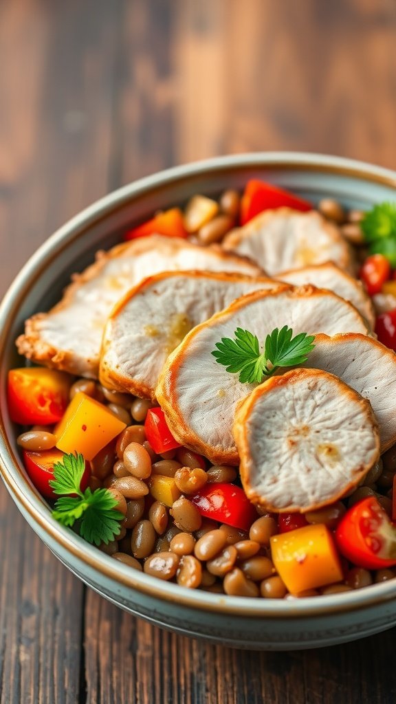 A colorful pork and lentil salad featuring slices of pork, lentils, cherry tomatoes, and bell pepper, garnished with parsley.