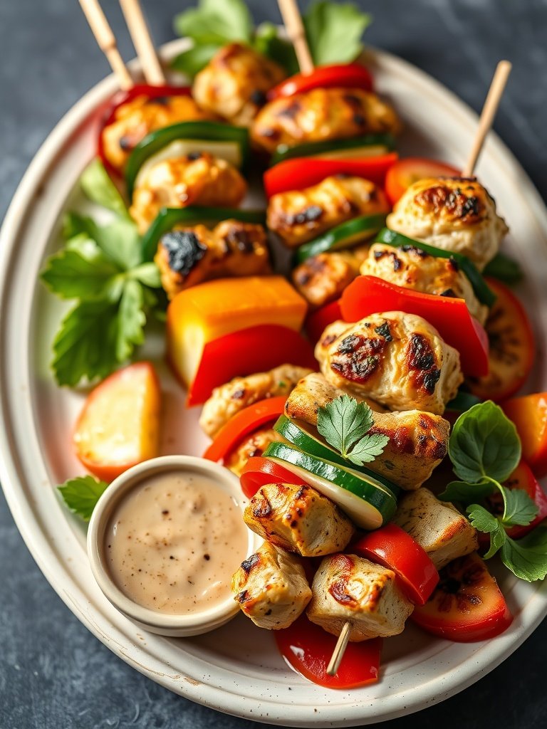 A platter of Italian chicken skewers with colorful vegetables and a dipping sauce.