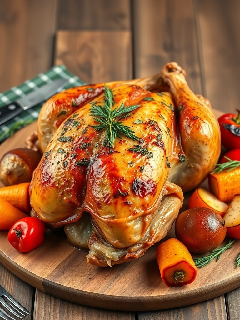 A beautifully roasted chicken garnished with herbs, surrounded by colorful vegetables on a wooden platter.