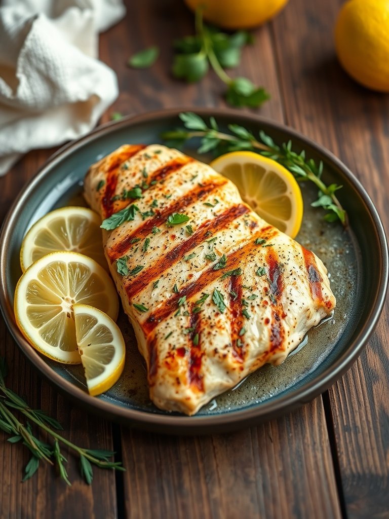 Grilled chicken breast garnished with herbs and lemon slices on a plate